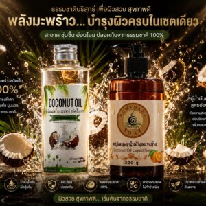 เซตน้ำมันมะพร้าวสกัดเย็นและสบู่เหลวน้ำมันมะพร้าว บำรุงผิวนุ่มชุ่มชื้น