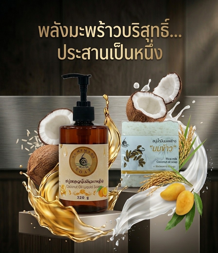 สบู่เหลวน้ำมันมะพร้าว + สบู่นมข้าว เซตสบู่เหลวน้ำมันมะพร้าวและสบู่นมข้าว ช่วยผิวนุ่มชุ่มชื้น ดูสุขภาพดี